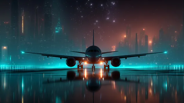 prezemete futuristichki mlazen avion na pista so svetla od dalechniot grad