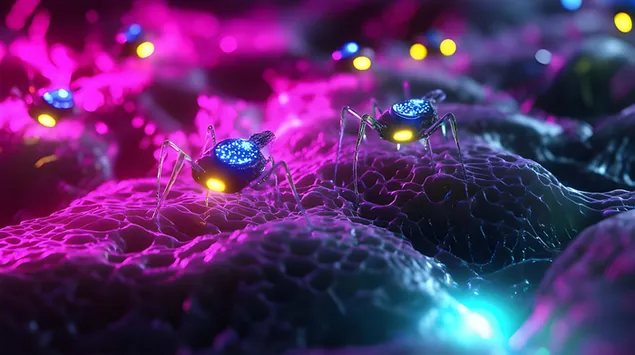 Futuristiese Nanobots in 'n netwerk van kunsmatige gloeiende weefsel 8K muurpapier