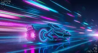 futuristicke neonove auto jedouci rychle | kyberpunkova estetika stahnout