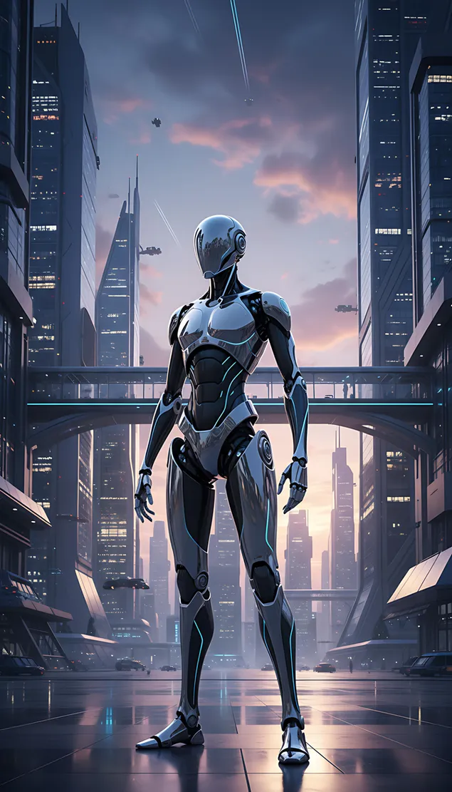 robot futurista en un paisaje urbano de neon descargar