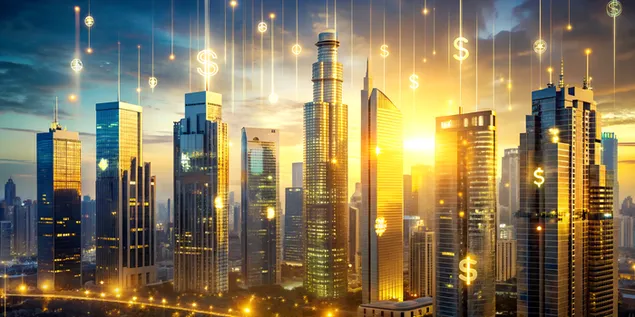 Futūristiska bagātības panorāma: caurspīdīgas diagrammas un mirdzoši valūtas simboli 4K fona tapete