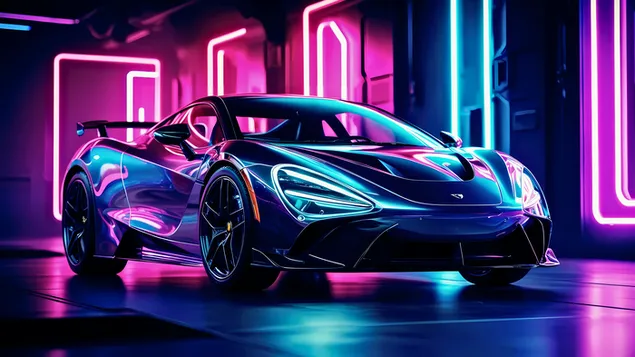 מכונית ספורט עתידנית שטופה באור ניאון תוסס. 4K טפט