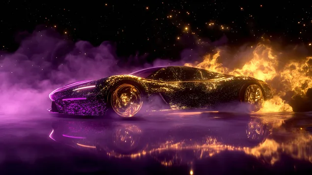 Tapeta Futuristické sportovní auto v neonových plamenech a kouři 8K