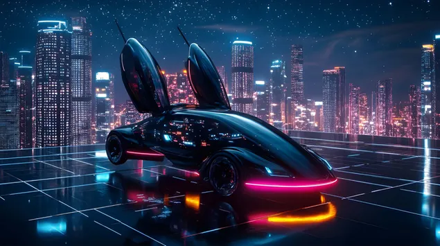 מכונית-על עתידנית בנוף עירוני ניאון 8K טפט