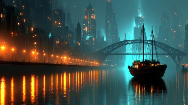 Futuristisch stadsgezicht aan het water met gloeiende stedelijke reflecties 2K achtergrond