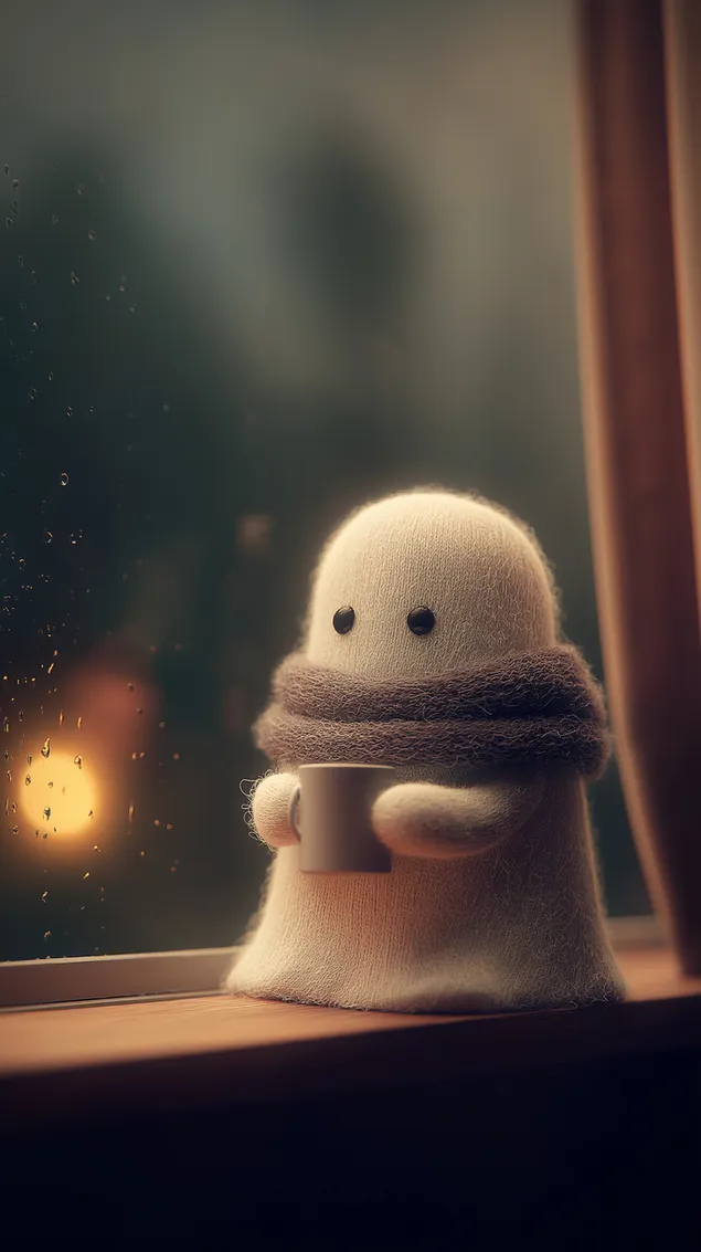 chlpaty duch so satkou a hrncekom pri dazdivom okne stiahnut