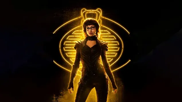 gi joe, ull de serp darrere de fons negre cobra de neo groc baixada