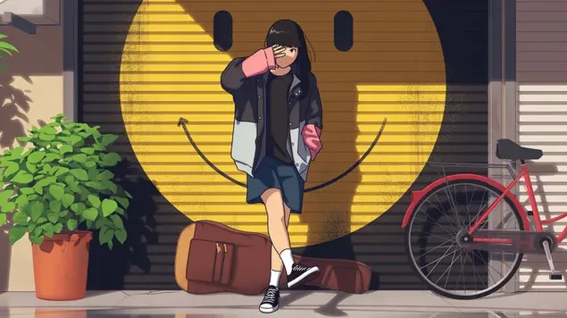 Gadis anime sendirian di depan senyum unduhan