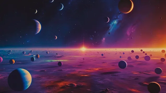 Галактички хоризонт - неверојатна панорама на галактички хоризонт, со живописно зајдисонце и бројни планети 4K тапет