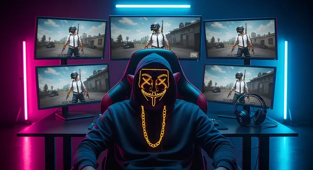 Maskeli oyuncu birden fazla ekranda PUBG oynuyor 4K duvar kağıdı