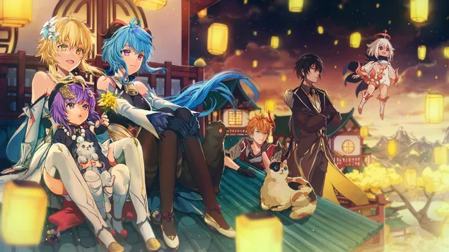 ganyu i amics mirant els llums dels fanals de la nit del festival des dels terrats de la seva casa | impacte ganshin baixada