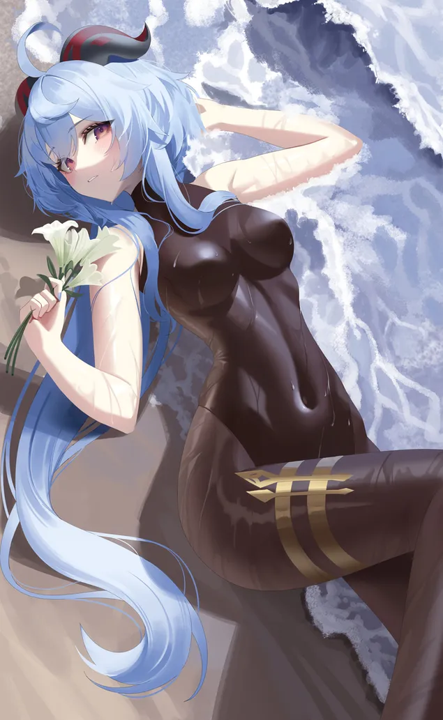 Ganyu ținând floare și întins singur pe plajă | Impactul Ganshin 2K imagine de fundal