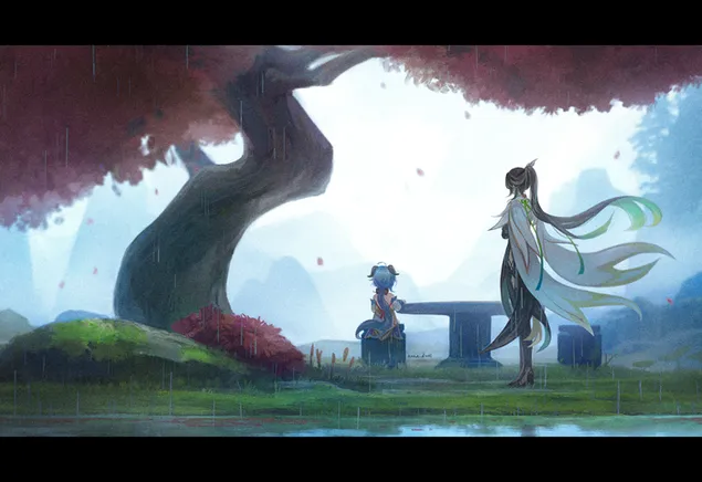 ganyu istuu kirsikkapuun alla sateessa | genshin vaikutus lataa