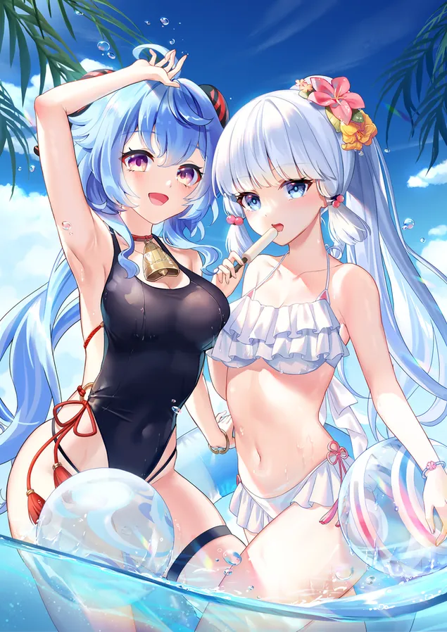 Ganyu & Kamisato Ayaka kuier lekker by swembad | Ganshin impak 2K muurpapier