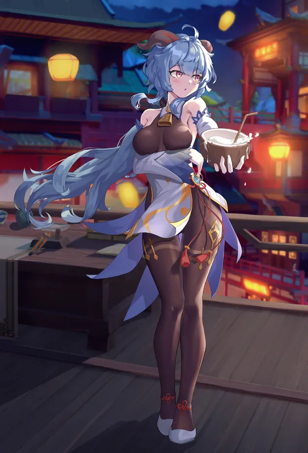 يحب Ganyu شرب ماء جوز الهند | تأثير جانشين 2K خلفية