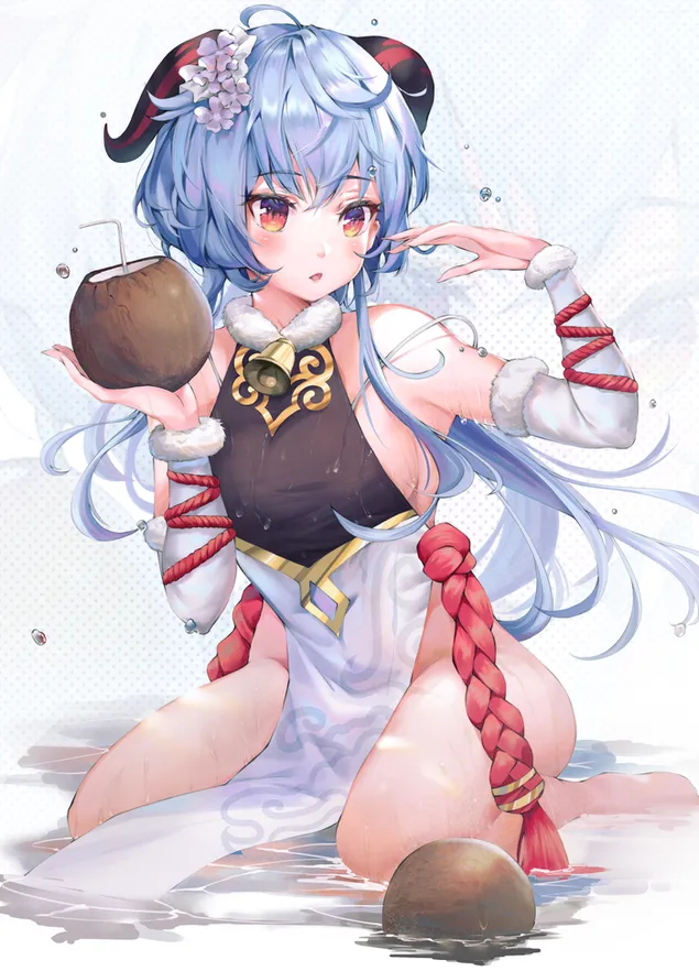 Ganyu encanta beber agua de coco | impacto genshin 2K fondo de pantalla