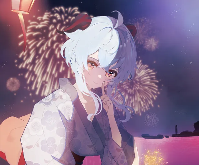 ganyu nou kimono i focs artificials darrere d'ella | impacte ganshin baixada