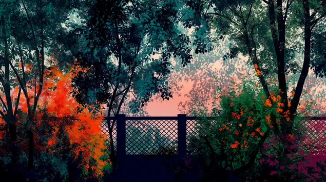 Pemandangan Taman dengan Flora yang Rimbun dan Pagar yang Jauh di Sunset Glow 2K wallpaper