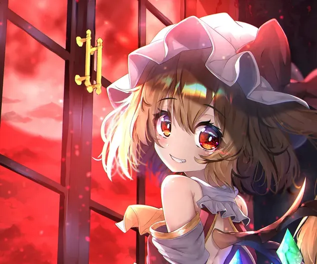 Tapeta Pohled krásné anime dívky v bílých šatech, klobouku a hnědých vlasech ze série videoher Touhou 2K