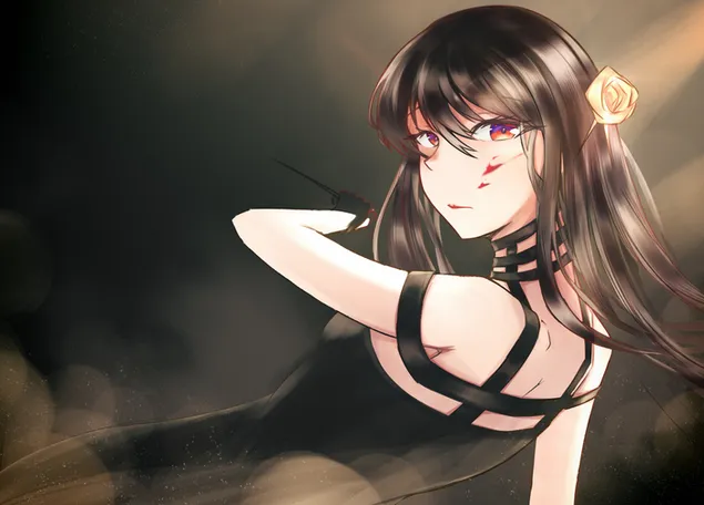 sguardo di una ragazza anime dai capelli lunghi in abito nero della serie di fumetti spy x family scarica