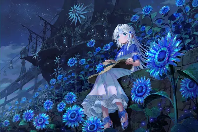 Geceleri yıldızların altında ahşap eski geminin yanında mavi çiçekler arasında oturan beyaz elbiseli mavi gozlü uzun saçlı kız ダウンロード