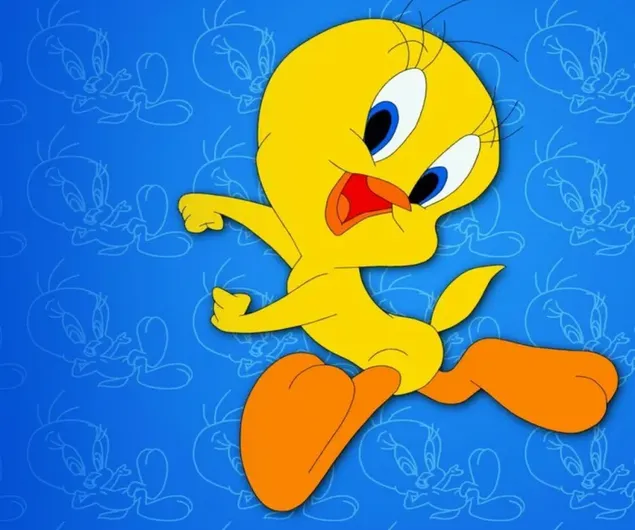 Gelbe blauäugige Zeichentrickfigur Tweety vor einem blauen Hintergrund herunterladen