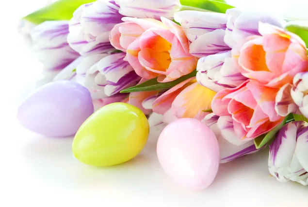 Gelbe violette und weiße Eier und bunte Blumen für den Ostertag