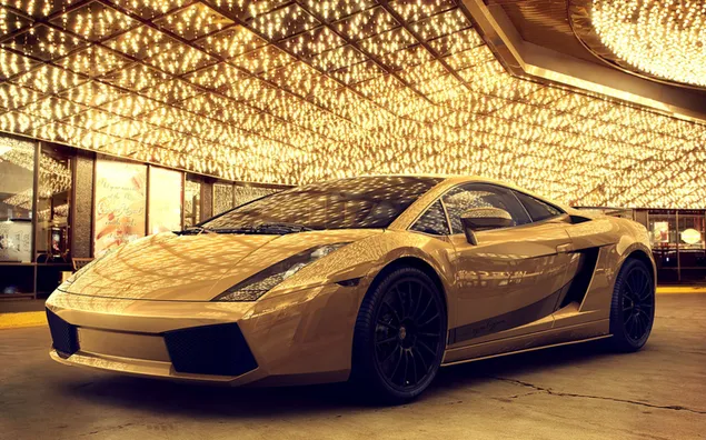 Gelber Lamborghini-Sportwagen im Inneren des Gebäudes herunterladen