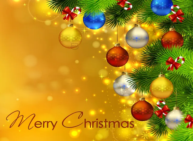 Gele kleur ansichtkaart tussen kleurrijke lichtbollen met de tekst vrolijk kerstfeest download
