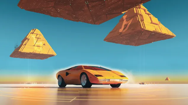 Gele Lamborghini Countach met drijvende piramide