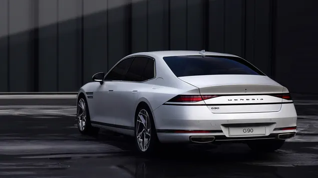 Genesis G90 vue latérale et arrière couleur blanche et coucher de soleil 4K fond d'écran