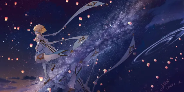 Taustpilt Genshini efektiga videomäng valges kleidis blond juustega tüdruk, kes kõnnib valguses ja pilvedes 6K