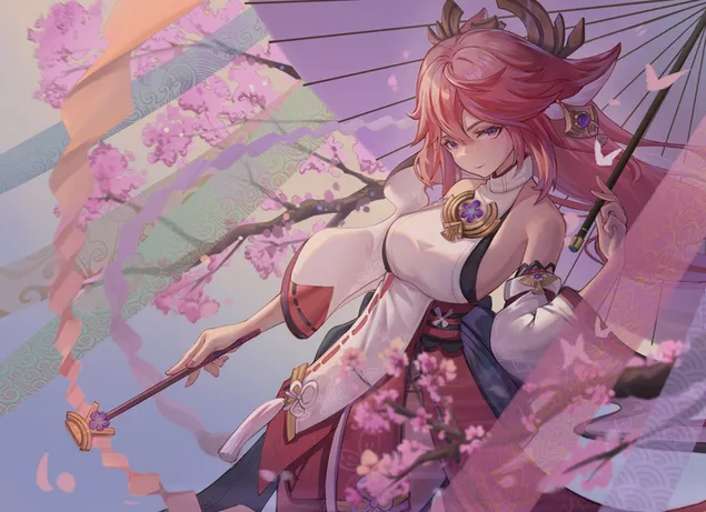 Genshin Impact anime girl Miko paraguas posando 2K fondo de pantalla