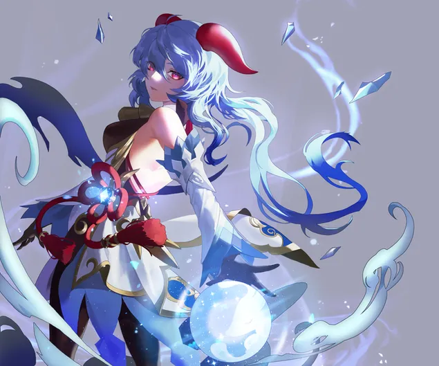 Genshin Impact 애니메이션 긴 파란 머리 소녀 6K 배경화면