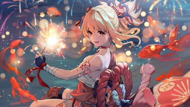 Genshin Impact hermosa chica de anime Yoimiya 4K fondo de pantalla