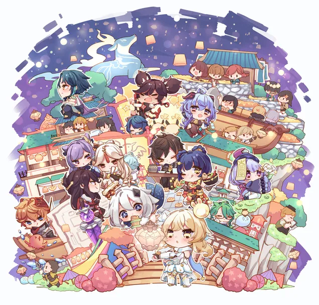 Ganshin Etkisi | sevimli bebek kahramanlar ve evler 2K duvar kağıdı