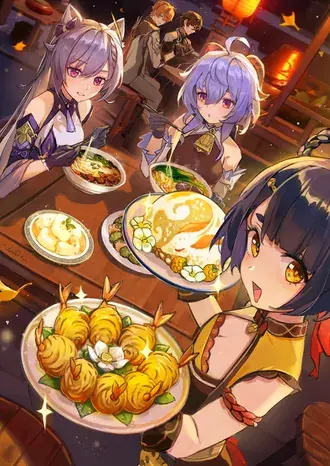 Impacto Ganshin | Fiesta grupal de chicas en un restaurante 2K fondo de pantalla