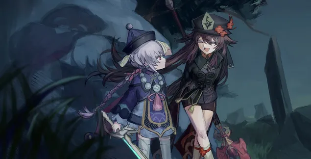 Genshin Impak hu tao qiqi 4K muurpapier