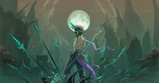 anime lik serije videoigara genshin impact xiao gleda u pejzaz punog mjeseca preuzmi