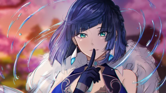 Ταπετσαρία Κορίτσι anime της σειράς βιντεοπαιχνιδιών Genshin με βαμμένα μαλλιά και χρωματιστά μάτια κάνοντας ένα σημάδι σιωπής 6K