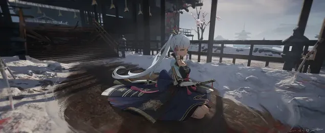 genshin impact video serial anime divka s dlouhymi bilymi vlasy sedi na zemi v zasnezene zahrade stahnout