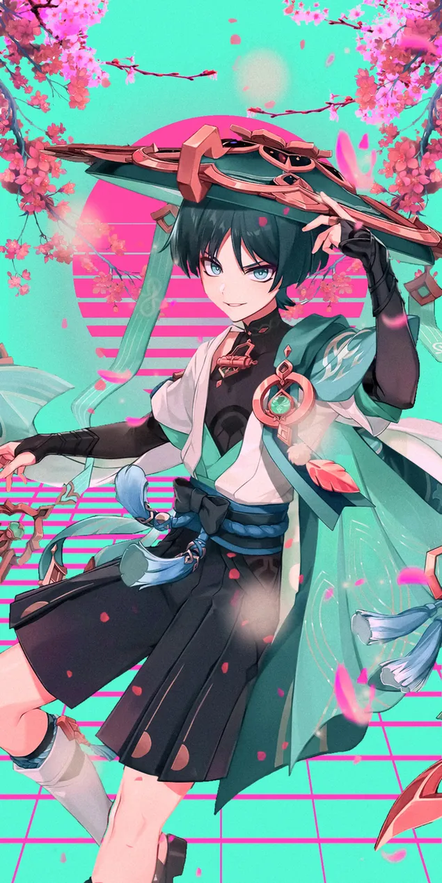 Genshin Impact Wanderer pose com flores cor de rosa 2K papel de parede