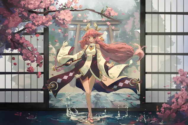 ผลกระทบกันชิน | Yae Miko ผมยาวสีชมพู 2K วอลเปเปอร์