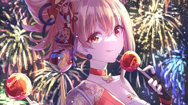 Genshin Impact Yoimiya posa con dulces 4K fondo de pantalla