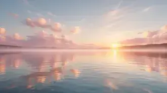 gentle morning sunlight rises over a calm lake, painting the sky and water in serene shades of pink and orange, reflecting the peaceful beauty of natu download
