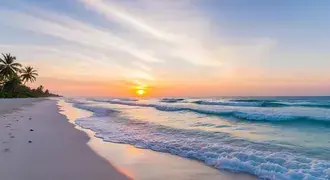 gentle ocean waves roll onto a palm-lined beach under a colorful sunrise sky, reflecting soft hues across the tranquil shoreline download