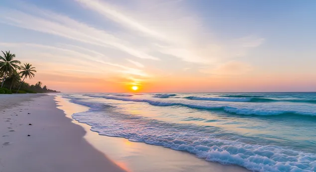 rollaionn tonnta mine aigein ar thra ata lineailte le pailme faoi speir ildaite eiri greine, ag leiriu dathanna boga trasna an chladaigh chiuin ioslodail