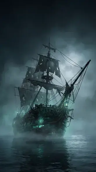 ghost pirate ship drifting through dense fog under moonlight on halloween night download