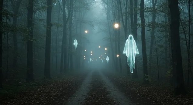 Spøgelsesagtig skovsti 4K baggrundsbillede
