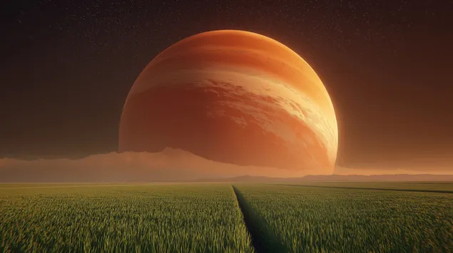 un planeta alienigena gigante se eleva sobre un campo de trigo dorado descargar